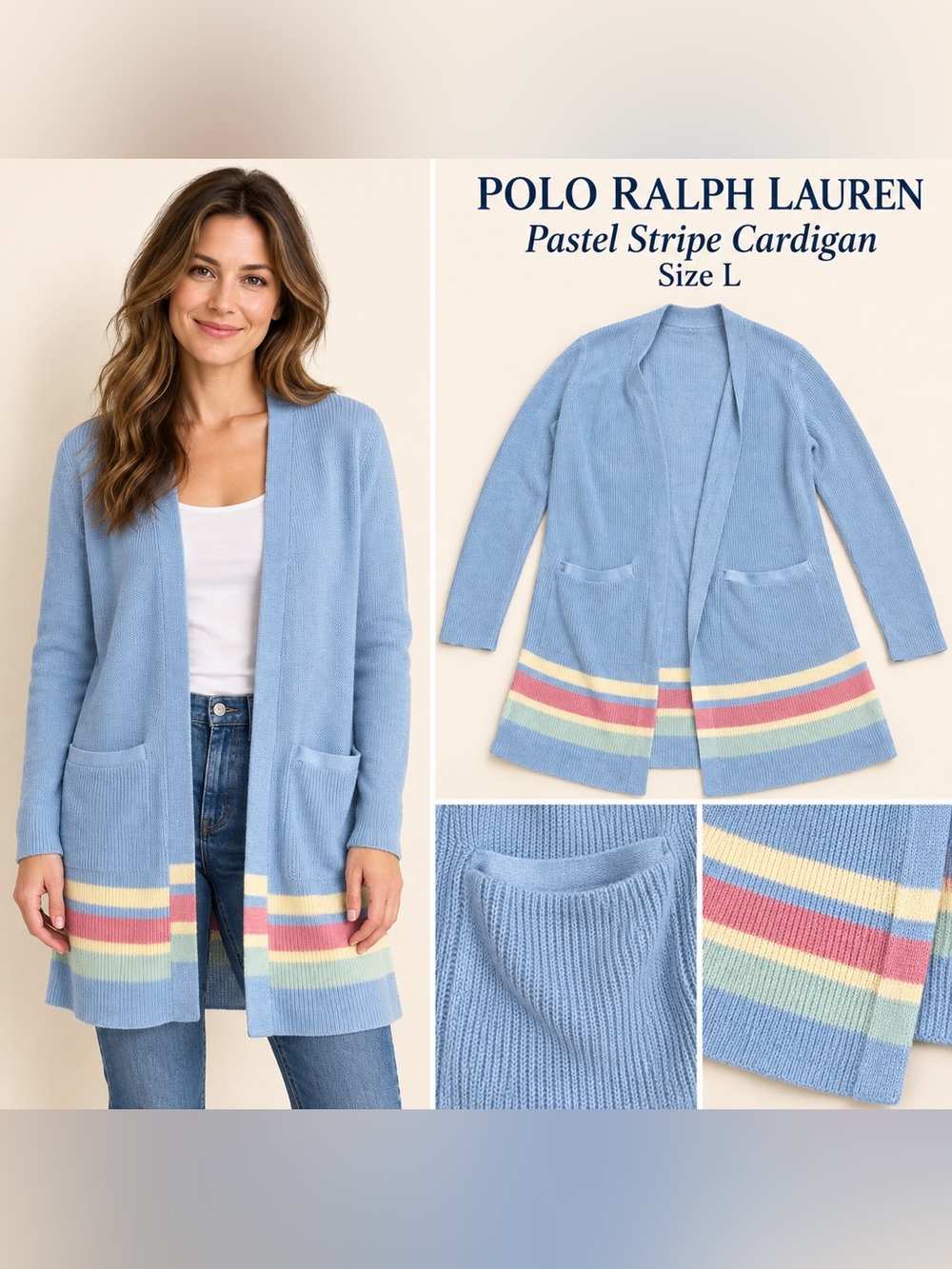 Polo Ralph Lauren Blue Pastel Stripe Longline Cardigan – Size Large